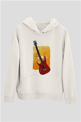 Elektro Gitar Baskılı Beyaz Unisex Hoodie