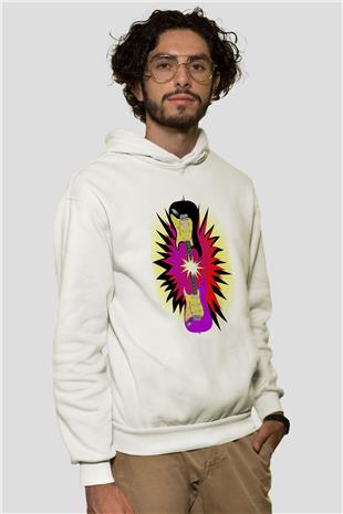 Elektro Gitar Baskılı Beyaz Unisex Hoodie
