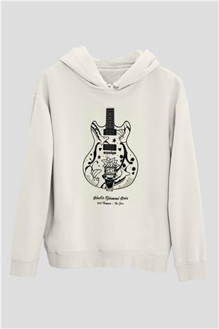 Elektro Gitar Baskılı Beyaz Unisex Hoodie