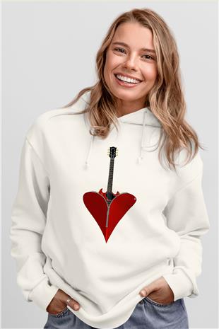 Elektro Gitar Baskılı Beyaz Unisex Hoodie