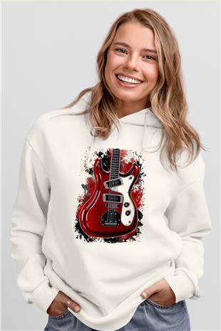 Elektro Gitar Baskılı Beyaz Unisex Hoodie