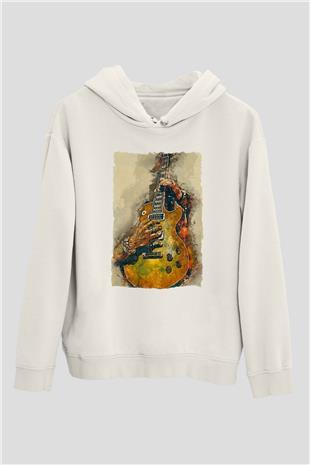 Elektro Gitar Baskılı Beyaz Unisex Hoodie