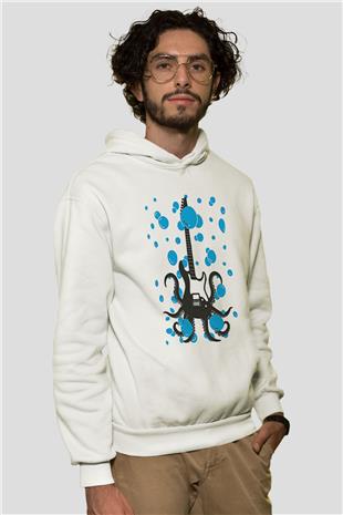 Elektro Gitar Baskılı Beyaz Unisex Hoodie