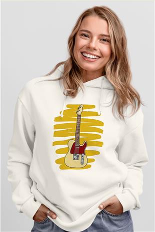 Elektro Gitar Baskılı Beyaz Unisex Hoodie