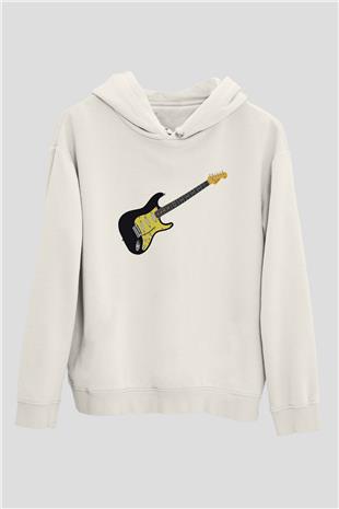 Elektro Gitar Baskılı Beyaz Unisex Hoodie