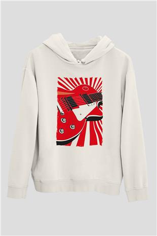 Elektro Gitar Baskılı Beyaz Unisex Hoodie