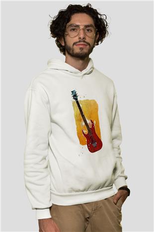 Elektro Gitar Baskılı Beyaz Unisex Hoodie