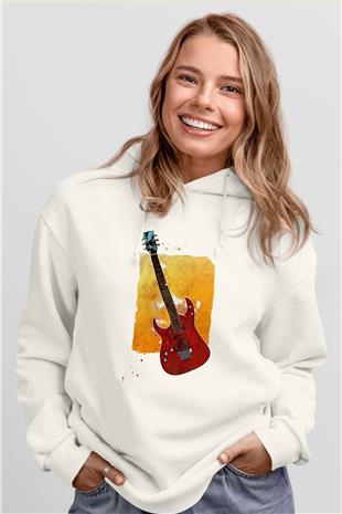 Elektro Gitar Baskılı Beyaz Unisex Hoodie