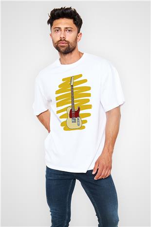 Elektro Gitar Baskılı Beyaz Unisex Oversize Tişört - Tshirt