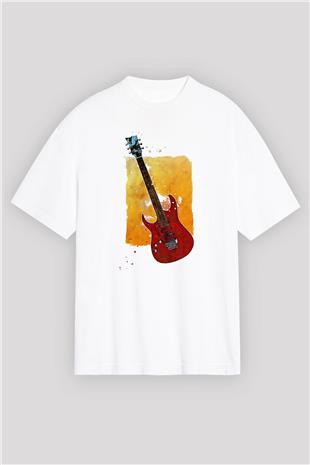 Elektro Gitar Baskılı Beyaz Unisex Oversize Tişört - Tshirt