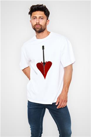 Elektro Gitar Baskılı Beyaz Unisex Oversize Tişört - Tshirt