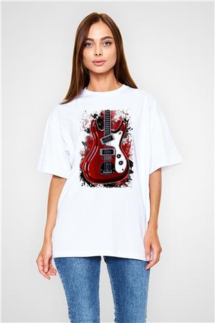 Elektro Gitar Baskılı Beyaz Unisex Oversize Tişört - Tshirt