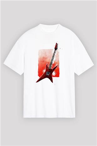 Elektro Gitar Baskılı Beyaz Unisex Oversize Tişört - Tshirt