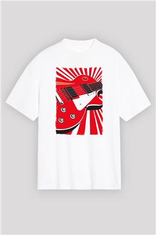 Elektro Gitar Baskılı Beyaz Unisex Oversize Tişört - Tshirt