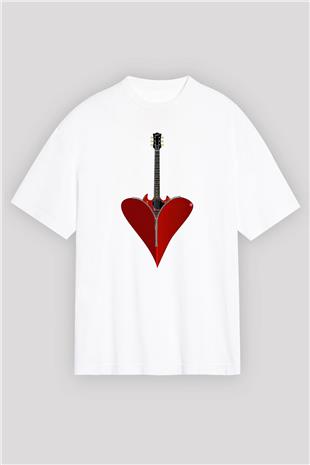 Elektro Gitar Baskılı Beyaz Unisex Oversize Tişört - Tshirt