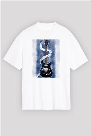 Elektro Gitar Baskılı Beyaz Unisex Oversize Tişört - Tshirt