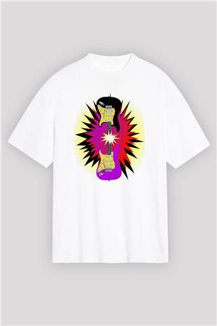 Elektro Gitar Baskılı Beyaz Unisex Oversize Tişört - Tshirt