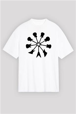 Elektro Gitar Baskılı Beyaz Unisex Oversize Tişört - Tshirt