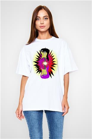 Elektro Gitar Baskılı Beyaz Unisex Oversize Tişört - Tshirt