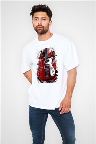 Elektro Gitar Baskılı Beyaz Unisex Oversize Tişört - Tshirt
