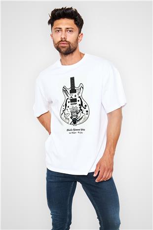 Elektro Gitar Baskılı Beyaz Unisex Oversize Tişört - Tshirt