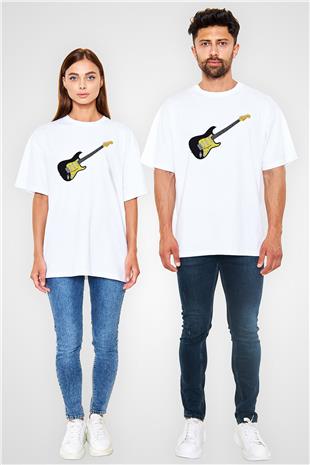 Elektro Gitar Baskılı Beyaz Unisex Oversize Tişört - Tshirt