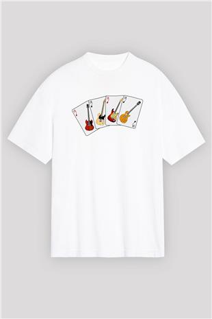 Elektro Gitar Baskılı Beyaz Unisex Oversize Tişört - Tshirt
