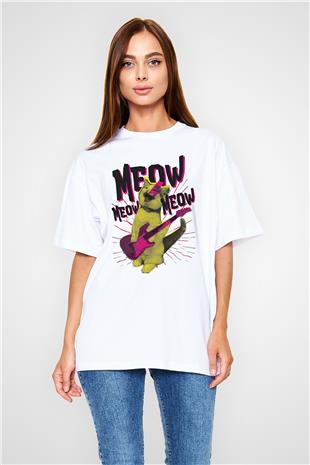 Elektro Gitar Baskılı Beyaz Unisex Oversize Tişört - Tshirt