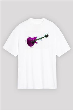 Elektro Gitar Baskılı Beyaz Unisex Oversize Tişört - Tshirt