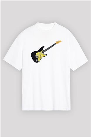 Elektro Gitar Baskılı Beyaz Unisex Oversize Tişört - Tshirt