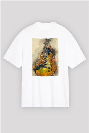 Elektro Gitar Baskılı Beyaz Unisex Oversize Tişört - Tshirt
