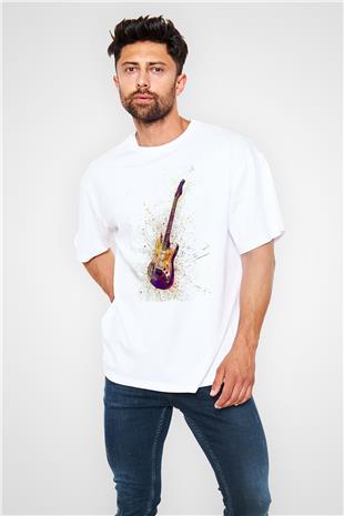Elektro Gitar Baskılı Beyaz Unisex Oversize Tişört - Tshirt