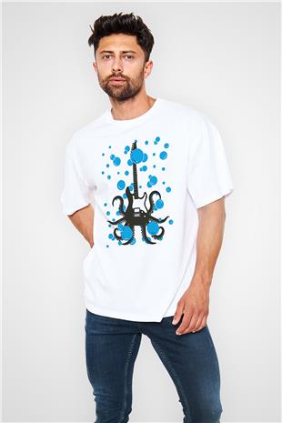 Elektro Gitar Baskılı Beyaz Unisex Oversize Tişört - Tshirt
