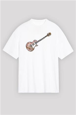 Elektro Gitar Baskılı Beyaz Unisex Oversize Tişört - Tshirt