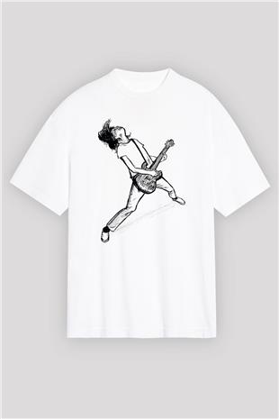 Elektro Gitar Baskılı Beyaz Unisex Oversize Tişört - Tshirt