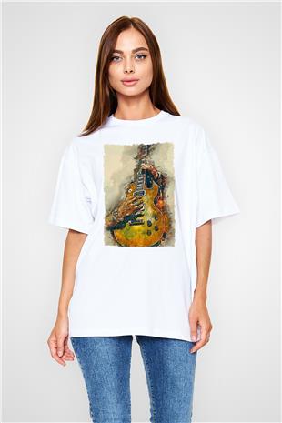 Elektro Gitar Baskılı Beyaz Unisex Oversize Tişört - Tshirt