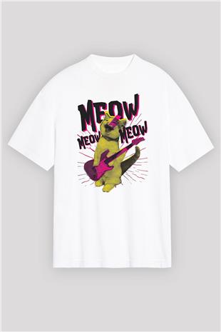 Elektro Gitar Baskılı Beyaz Unisex Oversize Tişört - Tshirt
