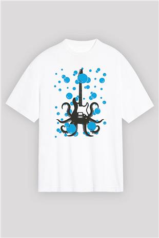 Elektro Gitar Baskılı Beyaz Unisex Oversize Tişört - Tshirt
