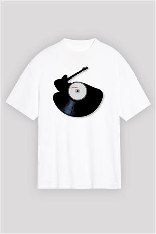Elektro Gitar Baskılı Beyaz Unisex Oversize Tişört - Tshirt