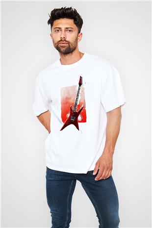 Elektro Gitar Baskılı Beyaz Unisex Oversize Tişört - Tshirt