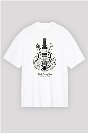 Elektro Gitar Baskılı Beyaz Unisex Oversize Tişört - Tshirt