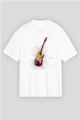 Elektro Gitar Baskılı Beyaz Unisex Oversize Tişört - Tshirt