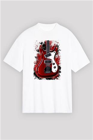Elektro Gitar Baskılı Beyaz Unisex Oversize Tişört - Tshirt