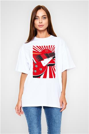 Elektro Gitar Baskılı Beyaz Unisex Oversize Tişört - Tshirt