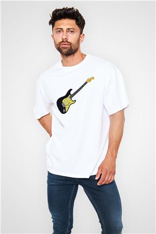 Elektro Gitar Baskılı Beyaz Unisex Oversize Tişört - Tshirt