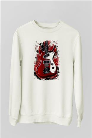 Elektro Gitar Baskılı Beyaz Unisex Sweatshirt