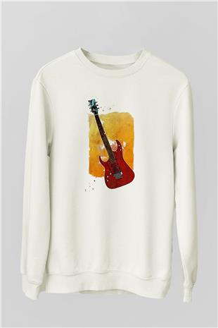 Elektro Gitar Baskılı Beyaz Unisex Sweatshirt