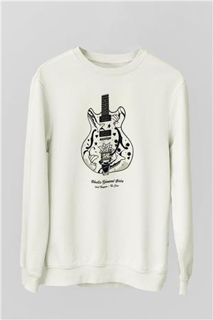 Elektro Gitar Baskılı Beyaz Unisex Sweatshirt