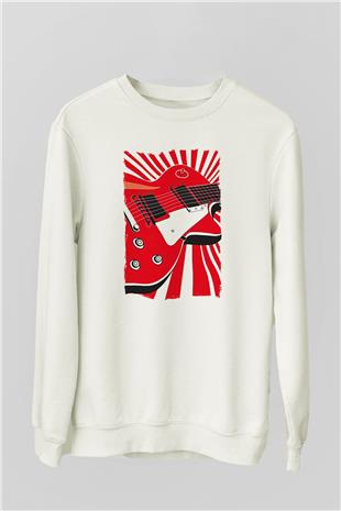 Elektro Gitar Baskılı Beyaz Unisex Sweatshirt