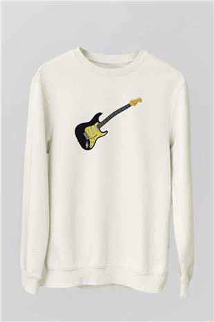 Elektro Gitar Baskılı Beyaz Unisex Sweatshirt
